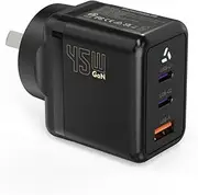 USB C Fast Charger 45W, 3Port GaN USB C Super Fast Charge AU Plug PD 3.0 Power Delivery Fast Charging Block with LED Light for iPhone 16/15/14/13/12,iPad Pro, MacBook, Galaxy S24/S23 (Black)