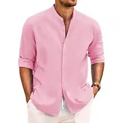 Men's Shirt Band Collar Shirt Summer Shirt Beach Wear Casual Shirt Button Up Shirt Plain Vacation Casual Black White Pink Green Long Sleeve Band Collar Spring
