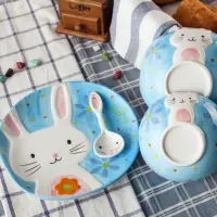 在飛比找蝦皮購物優惠-貓咪同好會🐈景德鎮手繪可愛動物碗盤組陶瓷餐具點心碗醬料碟子