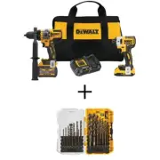 DEWALT Hammer Drill + Impact Driver Kit 20V MAX Li-Ion Cordless w/ Drill Bit Set