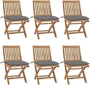 Folding Patio Dining Chairs, Set of 6 Teak Wood Outdoor Furniture with Gray Cushions, Weather-Resistant & Space-Saving Design