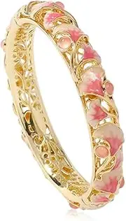 [WBPTP] Enamel Bangle for Women, Pink Purple Ginkgo Leaf Bracelets Traditional Cloisonne Enamel Ethnic Spring Hinged Cuff Bangles for