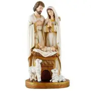 Holy Family 10 inch Statue Elegant White Gold Lambs Jesus in Manger Crib