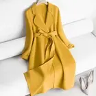 Womens Lapel Belted Knee Length Cashmere blend Coat Wool Overcoat Trench Outwear