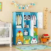 KOUSI Portable Kids Wardrobe Children Dresser Hanging Storage Rack Clothes Closet Bedroom Armoire Cube Organizer Formaldehyde-Free Furniture, Blue, 8 Cubes&2 Hanging Sections