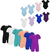 Girls Dancing Jumpsuit Unitard Kids One Piece Short Sleeves Ballet Leotard Suit