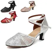 Women's Black Glitter Ballroom Dance Shoes – Strappy Latin Heels for Salsa, Tango Performance