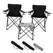 Folding Camping Chair Set of 3, Foldable Camp Black 2 Chairs + 1 x Table
