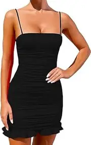 [Generic] Women's Sexy Spaghetti Strap Ruched Ruffle Hem Sleeveless Bodycon Short Mini Dress