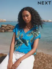 Blue/Green Leaf Short Sleeve Lace V-Neck Bubblehem 100% Cotton Top (AW7828) | $27