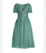 Aidan Mattox Beaded V-Neck Short Sleeve A-Line Midi Dress SIZE 8