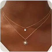 [Poxtex] Gold Layered Choker Necklace for Women, Dainty 14K Sun Star Charm Chain Set for Beach Trendy Jewelry, Cute Stack Pendant Cubic Zirconia Waterproof Necklace for Her Gifts