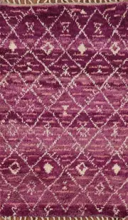 Purple Wool Plush Berber Moroccan Accent Rug 3x6 Hand-knotted Oriental Foyer Rug