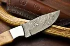 Custom Handmade Damascus Skinner Knife With Leather Sheath Bone & Horn Handle