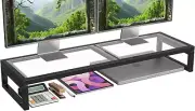 Dual Monitor Stand Riser, Tempered Glass Computer Desk Organizer with Mouse Pad