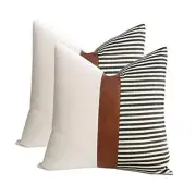Set of 2 Farmhouse Decor Stripe Patchwork Linen Throw Pillow 18x18 inch Black