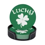 St Patricks Day Lucky Shamrock Coasters for Drinks with Holder Leather