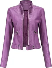 [ZHANGWENENTE] Women's Biker Jacket,Size 20/18/16,Women PU Leather Jacket, Ladies Short Thin Coat,Moto Biker Jacket with Zip Pockets, Vintage Short Coat for Autumn Spring (Color : Violet, Size : XXL)