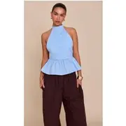 Blue Cotton Highneck Backless Long Top, Blue