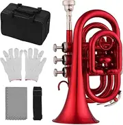 Daseeme Mini Pocket Trumpet Bb Flat Brass Material Wind Instrument with Mouthpiece Gloves Cleaning Cloth Carrying Case