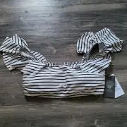 Vince Camuto Swim Crop Top White & Black Stripe Peasant Off Shoulder Ruffle New