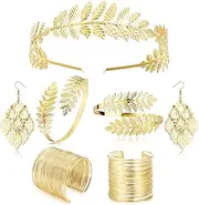 Kakonia7Pcs Greek Goddess Costume Accessories Set for Women Gold Leaf Crown Bracelet Pearl Earrings Bridal Wedding Jewelry