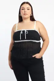 Black Cami Top Textured Contrast Ribbon