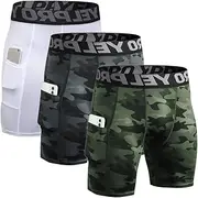 [EARGFM] Athletic Compression Shorts for Men Running Workout Underwear Spandex Shorts with Pockets Cool Dry Baselayer 3 Pack, Camo Green,camo Black,white, Small