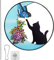 Stained Glass Window Hanging Suncatcher Cat Butterfly on the Moon Suncatcher Dec