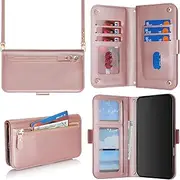 SunYoo for iPhone 16 Plus Wallet Case for Women,for iPhone 16 Plus Case with Strap Crossbody Lanyard,Leather Shockproof Card Holder Stand Zipper Pocket Flip Phone Case-Rose Gold