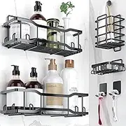 Tribal Cooking Bathroom Shelf Shower Caddy, Hanging Basket Organizer,Black, Extra Large Shower Caddy - The Athena Silken Black 4 Set - 40LB Capacity, PowerHold Tape