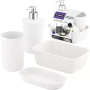 Superio Ribbed Collection - Plastic Bathroom Accessories Set, White (Set of 4)