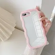 UEEBAI Wave Frame Clear Case for iPhone 7 Plus and iPhone 8 Plus Case Clear, Cute Wavy Phone Case for Girl Slim Fit Shockproof Phone Cover Bumper Translucent Soft Pretty Case for Women - Pink