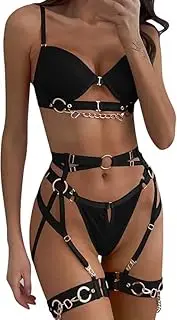 [GoFunway] Sexy Lingerie for Women 3 Piece Women's Erotic Lingerie Sets Strappy Chain Underwire Bra and Panty Sets with Garter Belt Black,Small