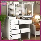 Yamissi Dressing Table Stool Set Makeup Mirror Vanity Desk Cabinet Wood