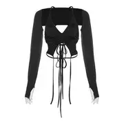 Set: Halter Open-Back Crop Top + Long-Sleeve Bolero Top Black - L