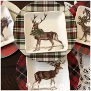 NIB Pottery Barn S/8 ~SILLY STAG & ALPINE PLAID~ PLATES ~4 Appetizer & 4 Salad~