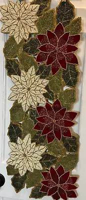 NICOLE MILLER HOME BEADED TABLE RUNNER POINSETTIAS RED GREEN WHITE 12 X 34 NWT