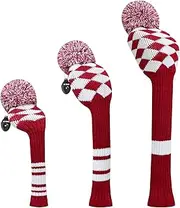 LeFeng 3Pcs Golf Club Covers Set 1-3-5 Knitted Golf Club Covers for 460cc Driver Fairway Woods and Hybrid with Cute Pom Pom and Number Tag (Red White Plaid)