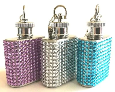 Bling Alcohol Liquor Flask Rhinestone Stainless Steel Keychain Clip Party