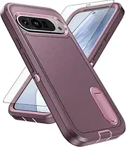 Phone Case for Google Pixel 9/9 Pro 5G with Tempered Glass Screen Protector Cell Cover Hybrid Hidden Stand Rugged Shockproof Hard Heavy Duty Protective Pixel9 9Pro Nine Women Men (Purple+Pink)