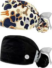 [YTYVAGT] 2-Pc,Nurse Scrub Caps,Scrub Hats with Buttons and Cotton Sweatband,Bone Dog Paw Print