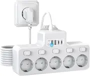 Power Strip with USB, 5 Independent Switched Sockets, Multiple Socket with USB C (PD 20 W) and 2 USB-A 5-Way Sockets, 6 ft Extension Applies for Office, Kitchen and Bedroom (White)