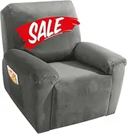 MAXIJIN Velvet 4 Piece Recliner Cover Stretch Plush Soft Cover for Chair Thick Soft Recliner Slipcover Separate Chair Cover with Side Pocket (Recliner, Gray)