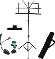 ChromaCast Folding Metal Music Stand w Sheet Clip, Clip On Light, Carry Bag
