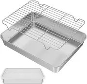 Baking Tray with Rack and Lid Food Grade Stainless Steel Baking Pan with Cooling Rack Rectangle Toaster Oven Baking Pans Dishwasher Safe Non-Stick Baking Sheet for Roasting Grilling Baking (Size 2)
