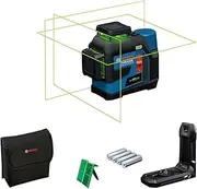 Bosch Professional Line Laser GLL 12V-100-33 CG (3 x 360° Green Laser, Working Range 100 m (Radius) with Receiver, Levelling Remote App, IP 65, LB 10, 4 x 1.5V LR6 (AA), Adapter AA1, Bag)