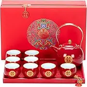 Chinese Traditional Wedding Tea Set，Red Ceramic Double Happiness KungFu Tea Set 1 Teapot 8 Teacups 1 Square Tea Tray 1 Gift box For Married Couples To Toast Engagement Dowry
