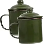 ibasenice 2Pcs Retro Enamel Camping Cups with Lid Multi Functional Household Mugs for Coffee Tea Juice Vintage Green Water Cup