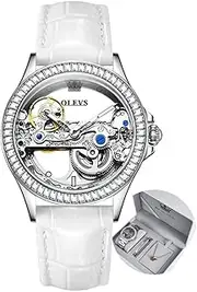 [OLEVS] Women Watch Skeleton Set Automatic Mechanical Silver Luxury Dress Waterproof Luminous Lady Watch Gift Set, Leather